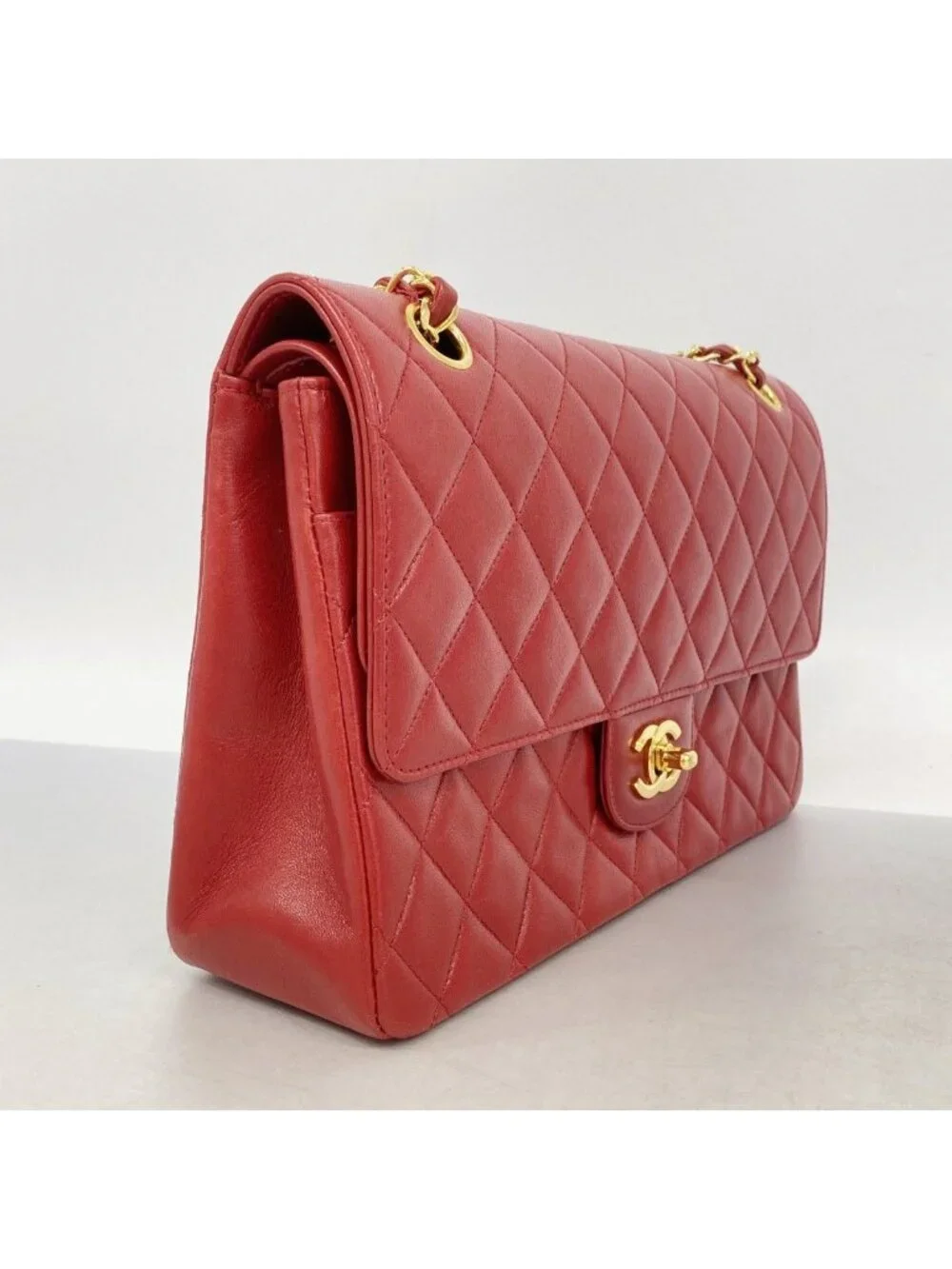 Chanel Shoulder Bag Quilted Lambskin Red Gold